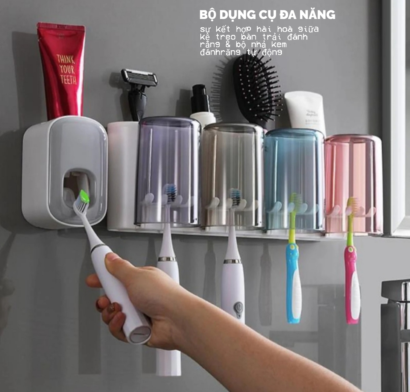 Bộ dụng cụ nhả kem đánh răng tự động 4 cốc 1 nhả kem và giá treo bàn chải đa năng PHT SUS-ECOCO-E1922-chất liệu ABS cao cấp