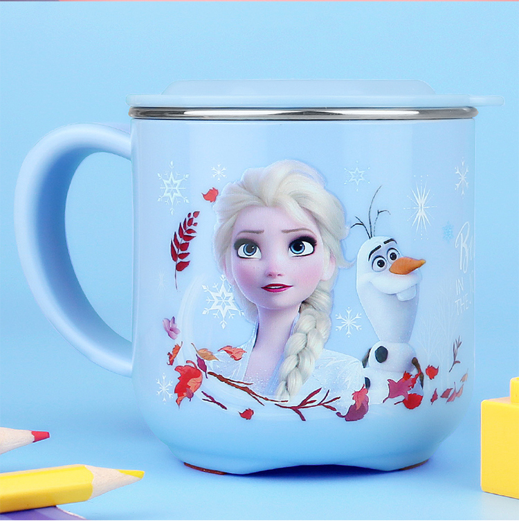 Ly cốc giữ nhiệt Disney in hình Elsa Anna Frozen P.2 màu xanh có nắp và quai cầm cho bé - 260ml