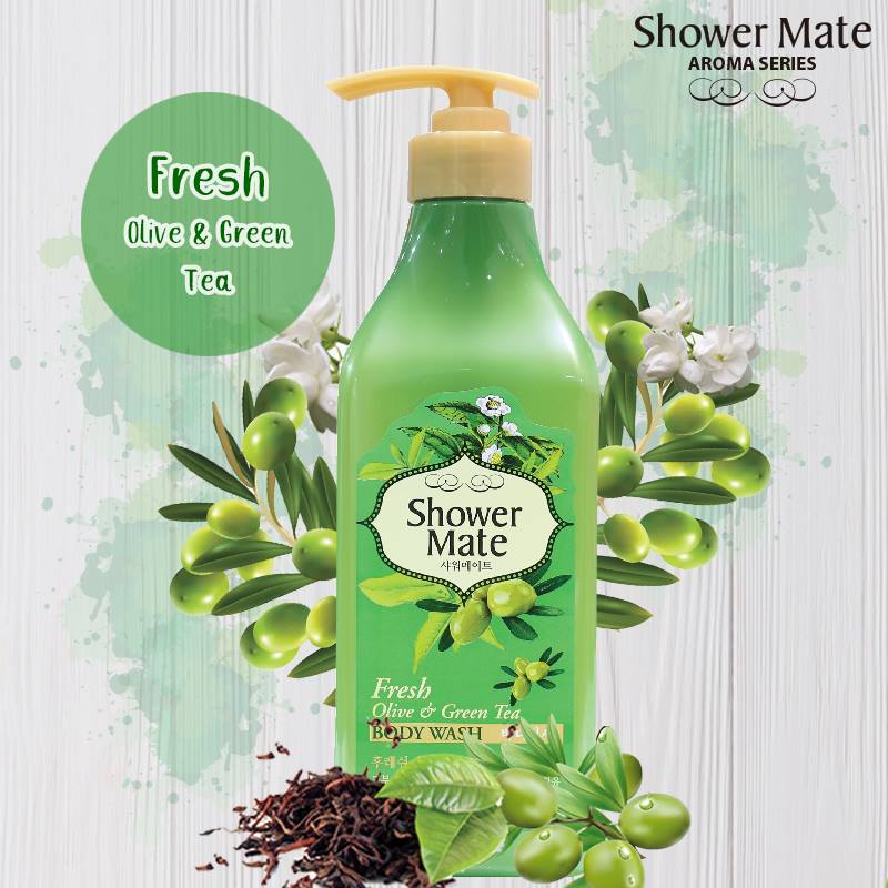 Sữa tắm dạng Gel giảm thiểu quá trình lão hóa da Showermate Olive and Green Tea Hàn Quốc 550ml tặng móc khóa