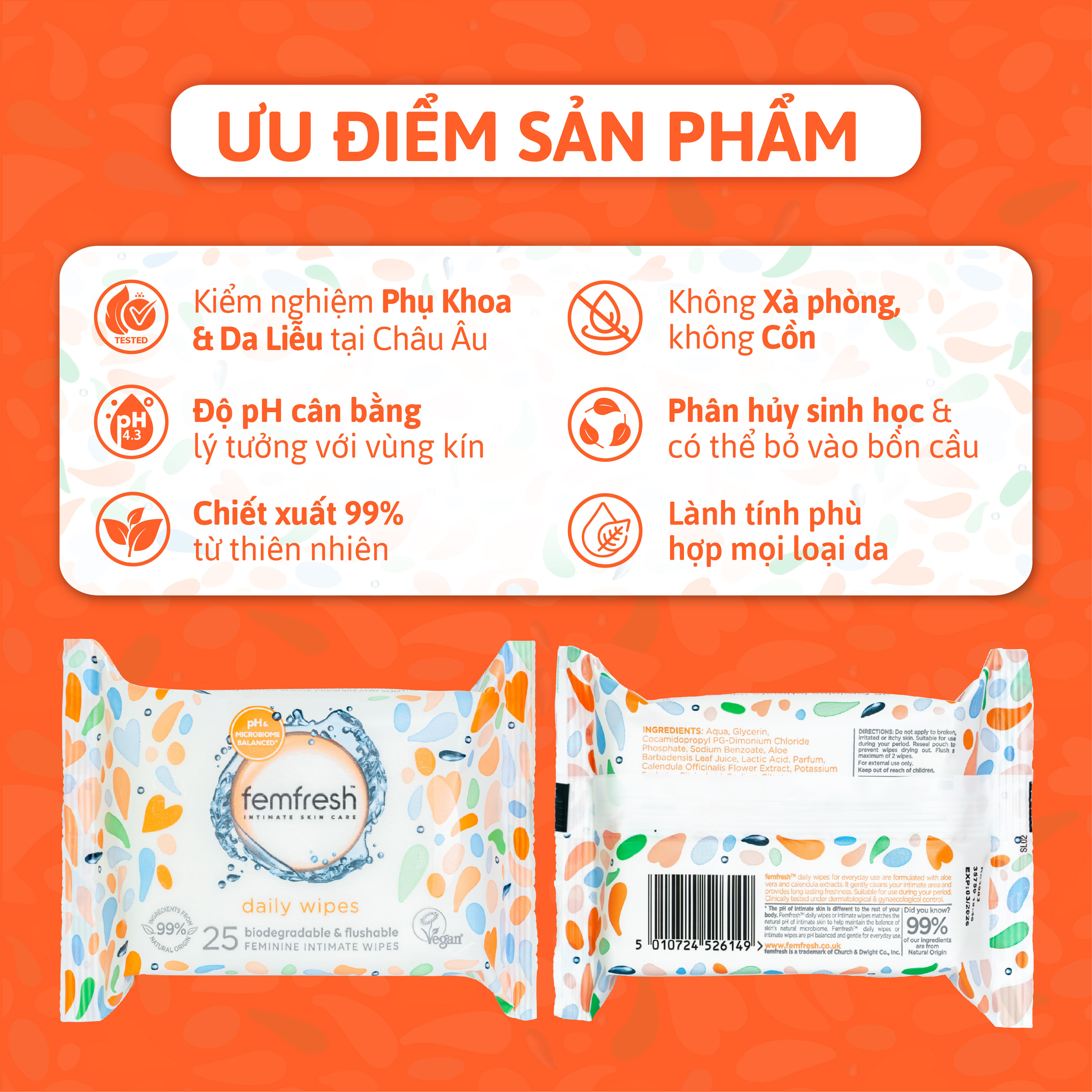 Khăn Uớt Vệ Sinh Phụ Nữ Cao Cấp Femfresh Anh Quốc - 25 tờ/gói