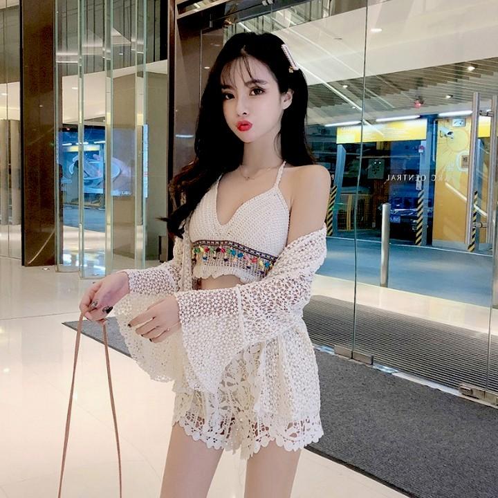 Bộ bơi nữ 3 mảnh bikini len móc cao cấp có kèm áo choàng