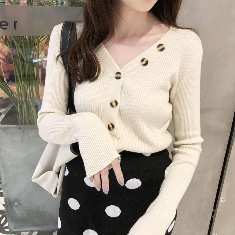 Áo dệt kim nữ tay dài cổ chữ V dáng ôm