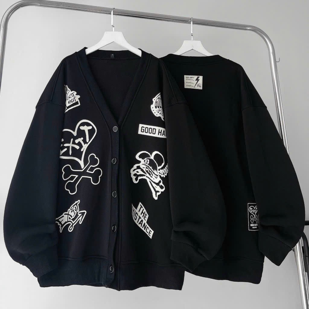 Áo Khoác Cardigan GOOD HABITS Unisex Logo in Nổi Nam Nữ Couple - Áo Bomber Nỉ Len Thu Đông