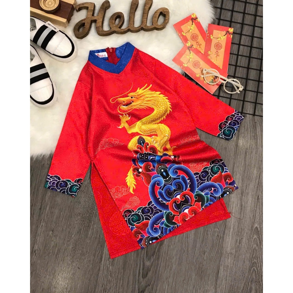 Áo dài tết cho bé trai mẫu rồng vàng mặc lễ tết noel dự tiệc đẹp từ 10-40kg hàng thiết kế cao cấp