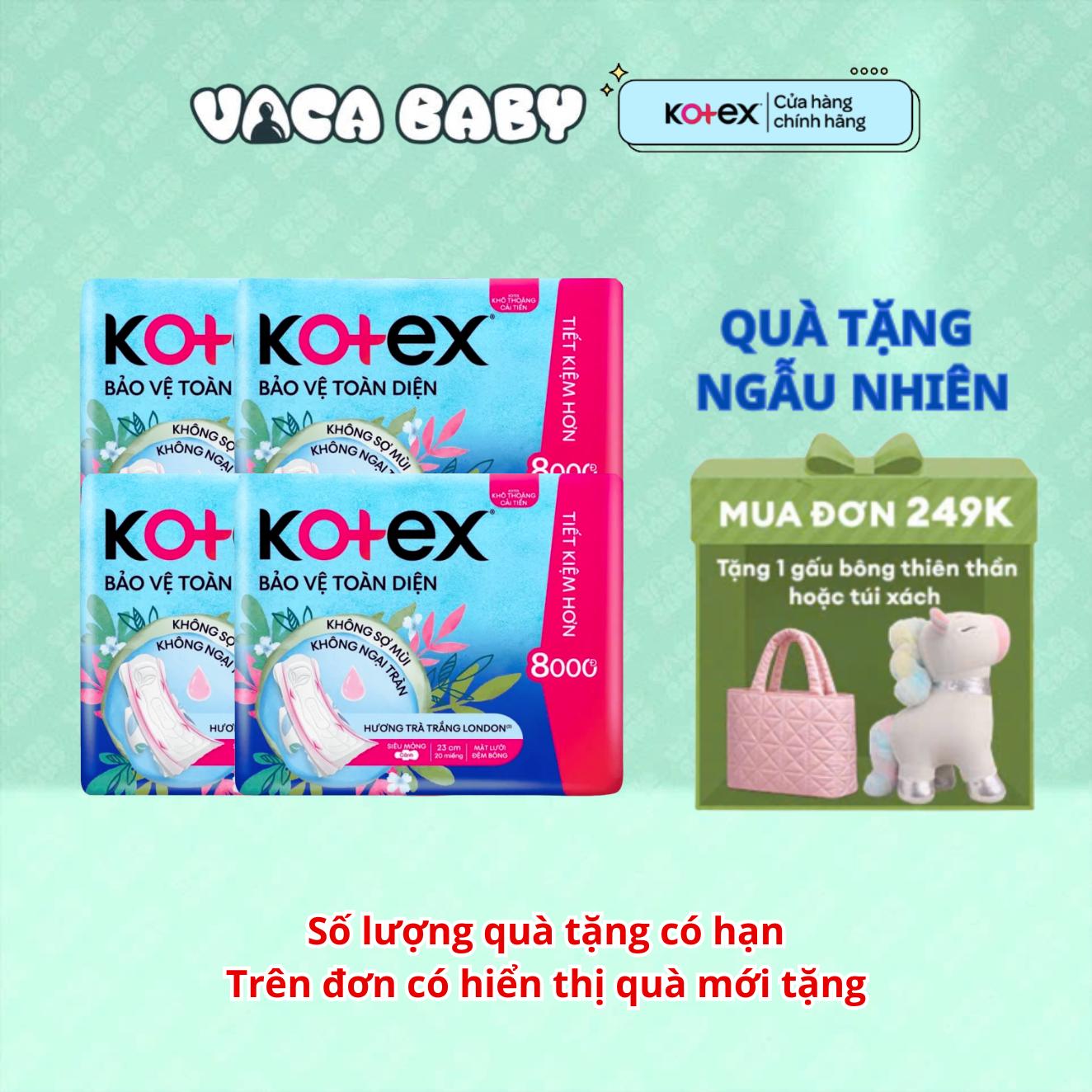 Combo 4 gói Băng Vệ Sinh Kotex Bảo Vệ Toàn Diện Siêu Mỏng Cánh 23cm Gói 20 miếng Không ngại tràn Hương trà trắng London
