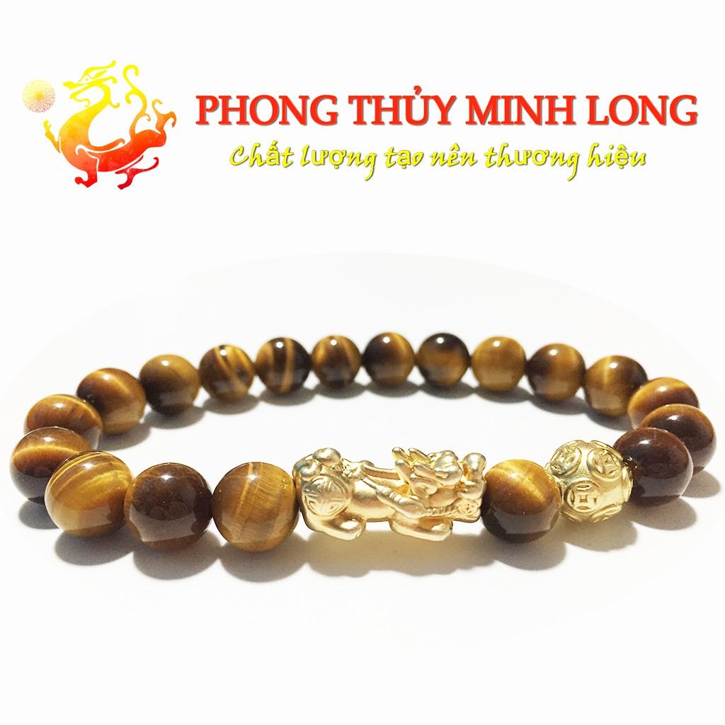Vòng tay đá mắt hổ Vàng Nâu 5A mix Tỳ Hưu và 1 hạt kim tiền vàng mệnh Kim và Thổ
