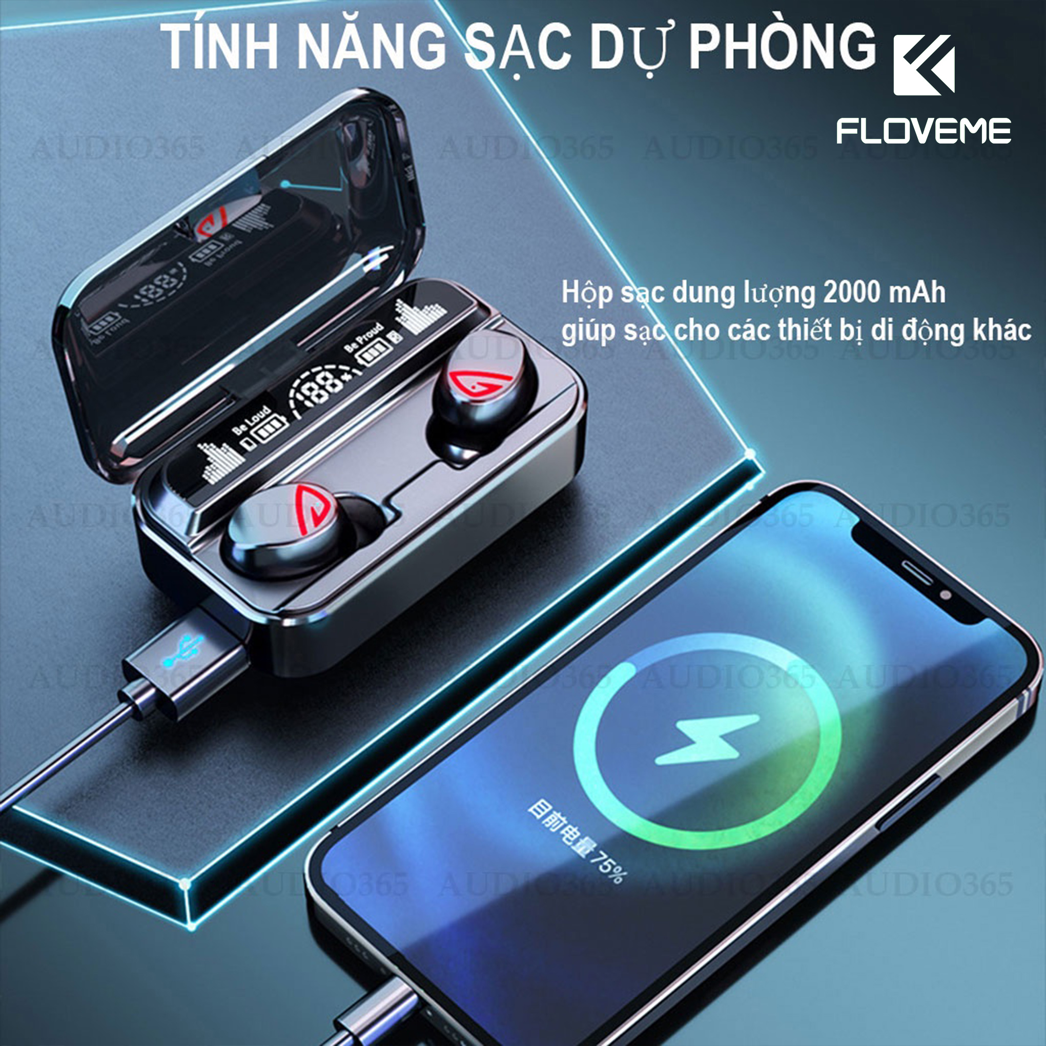 Tai nghe bluetooth V5.2 Floveme - S10 Pro cao cấp, cảm ứng vân tay, hỗ trợ đàm thoại, kiêm sạc dự phòng 2200mAh - Hàng chính hãng