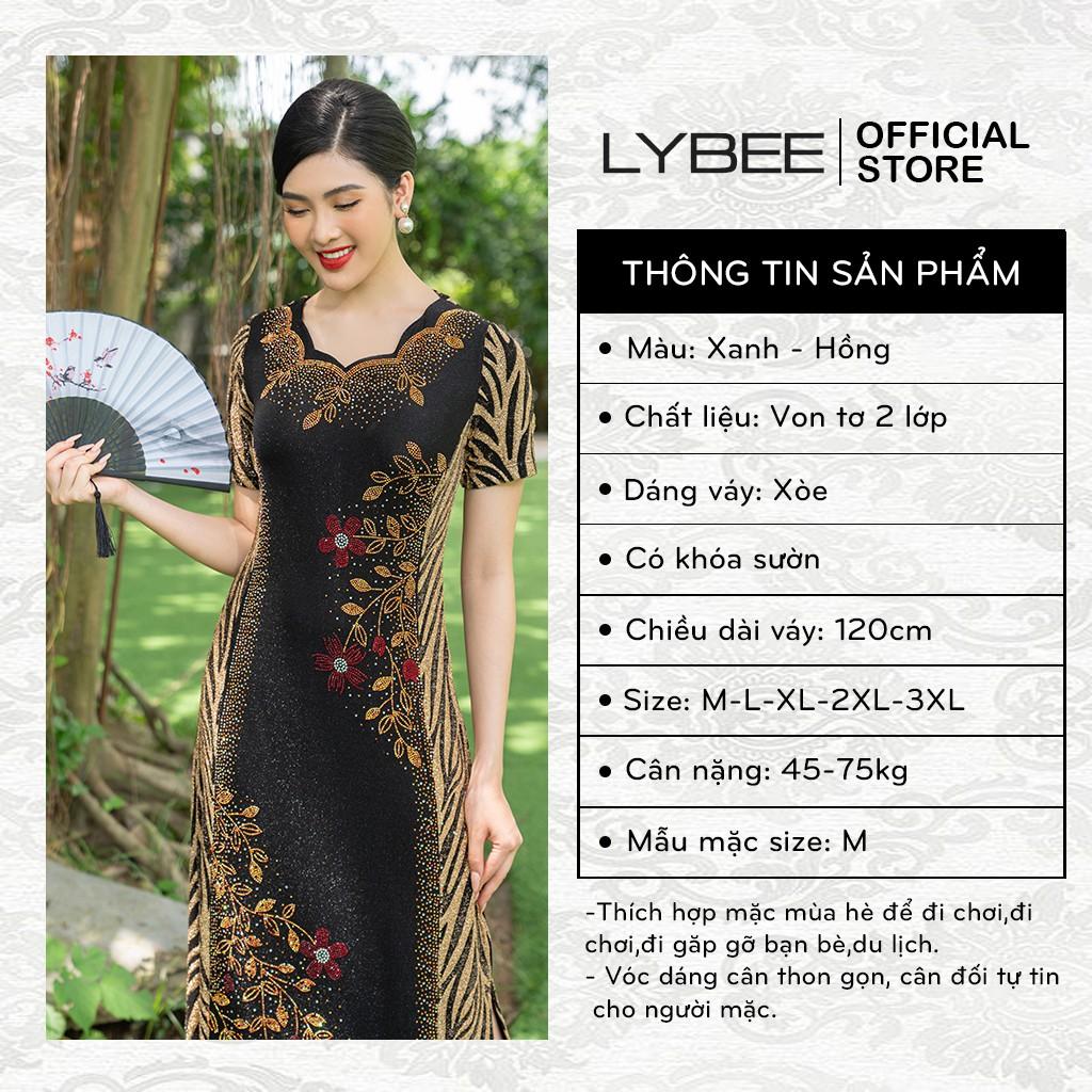 Đầm quý bà trung niên hàng thiết kế riêng dáng áo dài tôn dáng sang trọng LYBEE vải thun kim sa co dãn váy cho mẹ 604