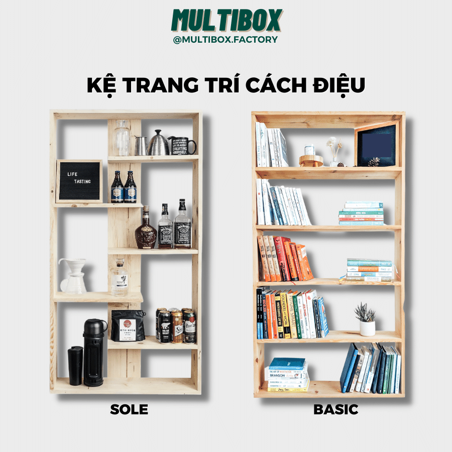 Kệ Trưng Bày Gỗ Thông Mộc Mạc Multibox, Kệ Sách Trang Trí Nhiều Tầng Thiết Kế Tối Giản D80 x R18 x C150 cm