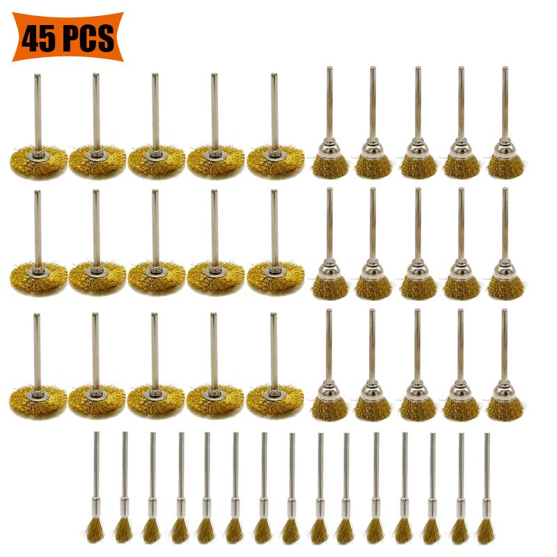 45pcs Brass Brush Steel Bánh xe Bàn chải khoan Công cụ quay Công cụ đánh bóng D dụng cụ quay DREMEL KIM SOU METAL SET