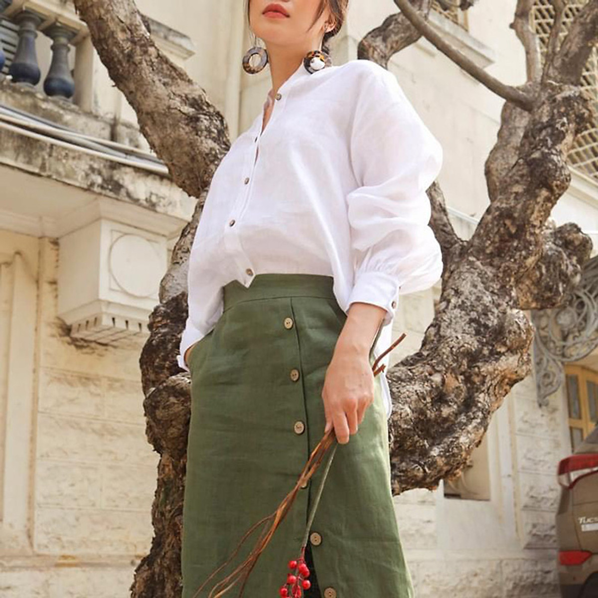 Áo sơ mi công sở nữ dài tay cổ tầu Linen tưng Premium sang trọng trẻ trung - Trắng