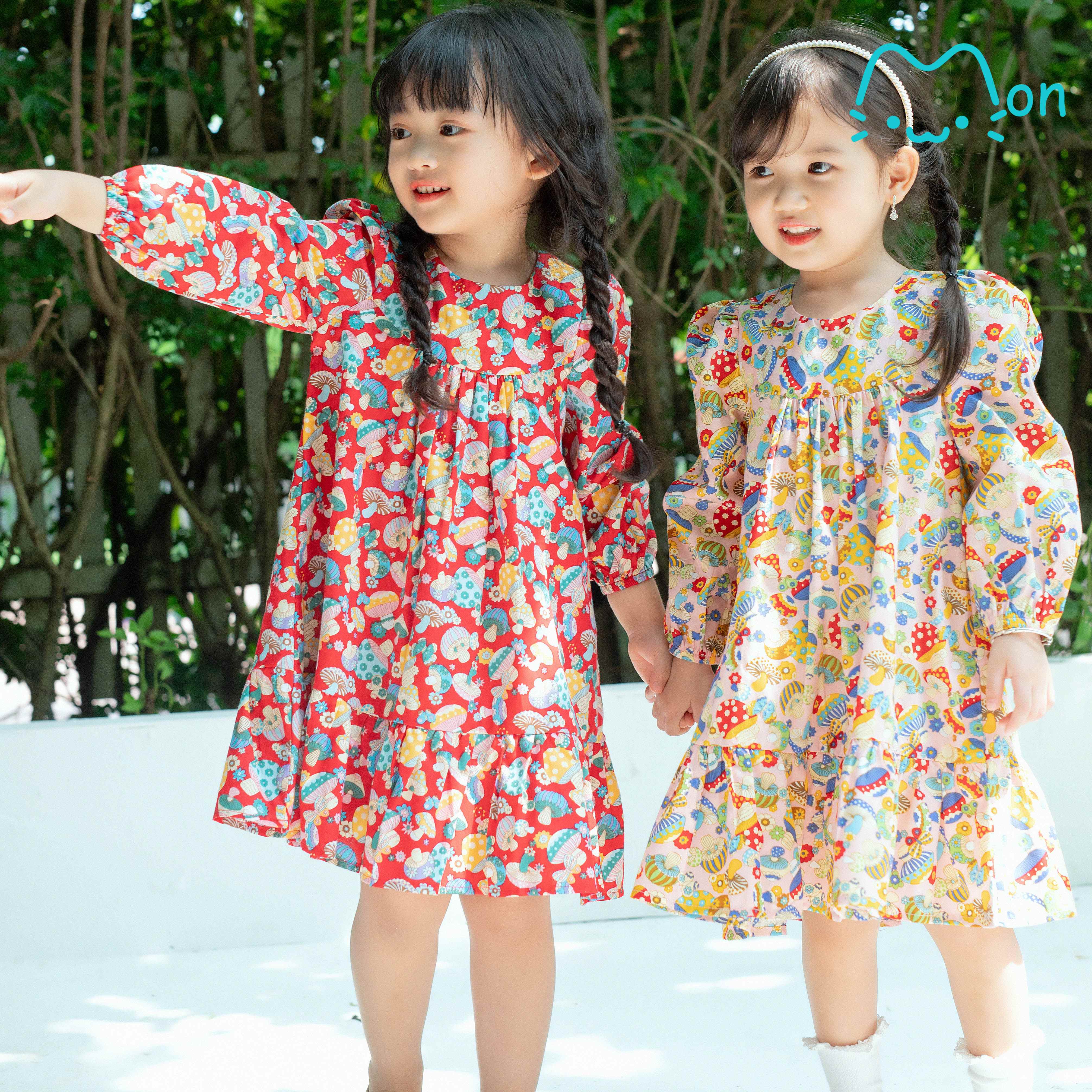Váy Babydoll Cotton dài tay họa tiết cây nấm xinh xắn cho bé gái VL06, VL07