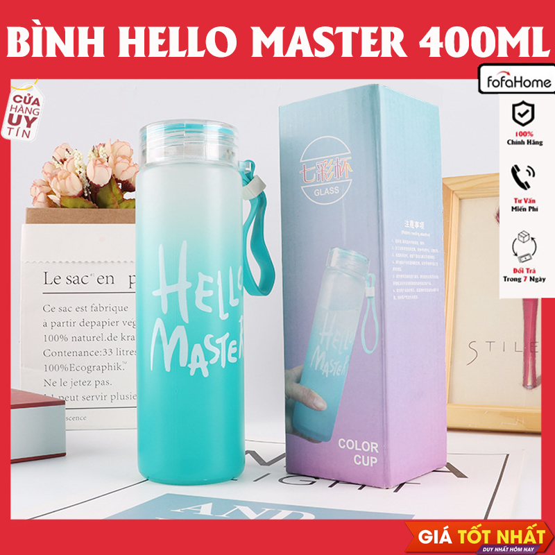 Bình Nước Thủy Tinh In Chữ Hello Master 400ML Có Dây Xách - Bình Nước Thủy Tinh Hello Master (Màu Ngẫu Nhiên)