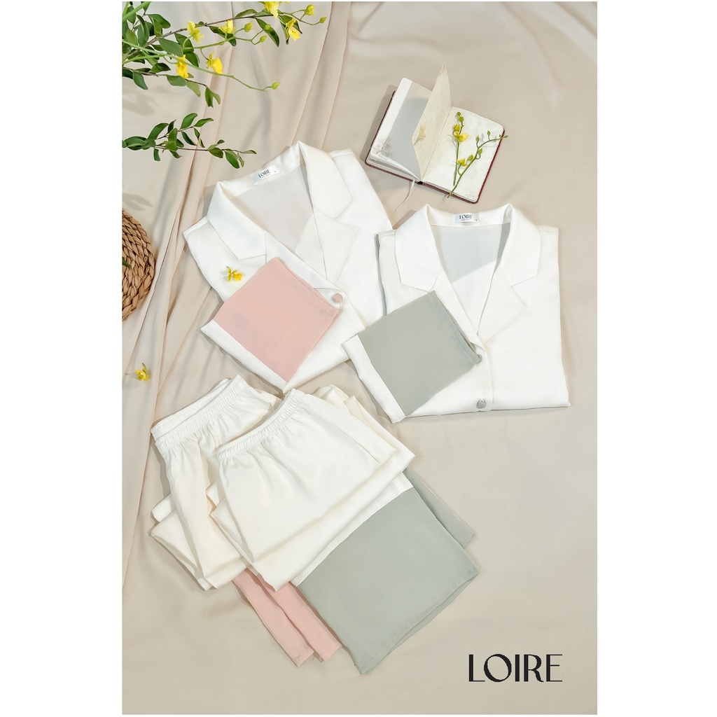 Bộ Pijama Lụa Trắng Phối Màu Pastel Cúc Bọc Loirechic LPD19