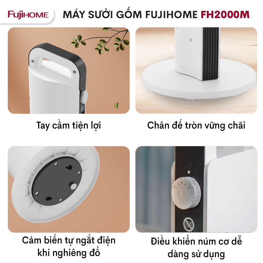 Máy sưởi gốm Nhật Bản FH2000M không khô da Fujihome, máy sưởi ấm điện không đốt oxy tiết kiệm điện tự ngắt không dầu - Hàng Nhập Khẩu