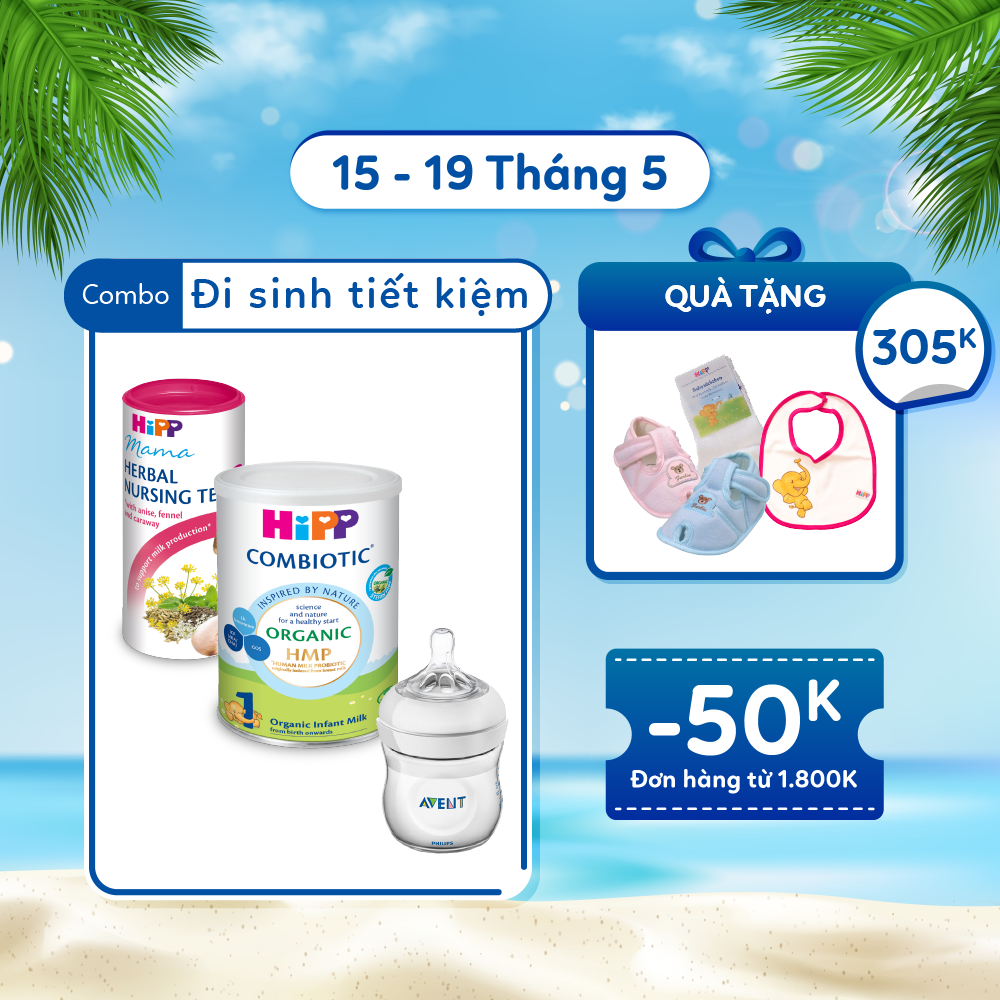 Combo đi sinh siêu tiết kiệm: Sữa HiPP Organic Combiotic - Trà lợi sữa HiPP - Bình sữa Philips Avent nhập khẩu châu Âu