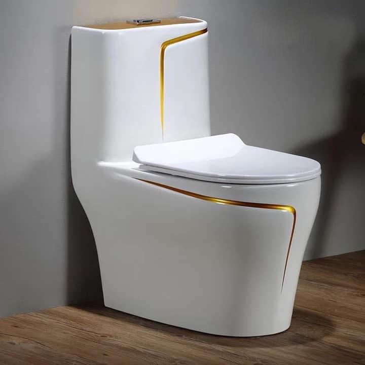 Bồn cầu một khối màu trắng, kiểu tròn kết hợp viền sườn xám nghệ thuật