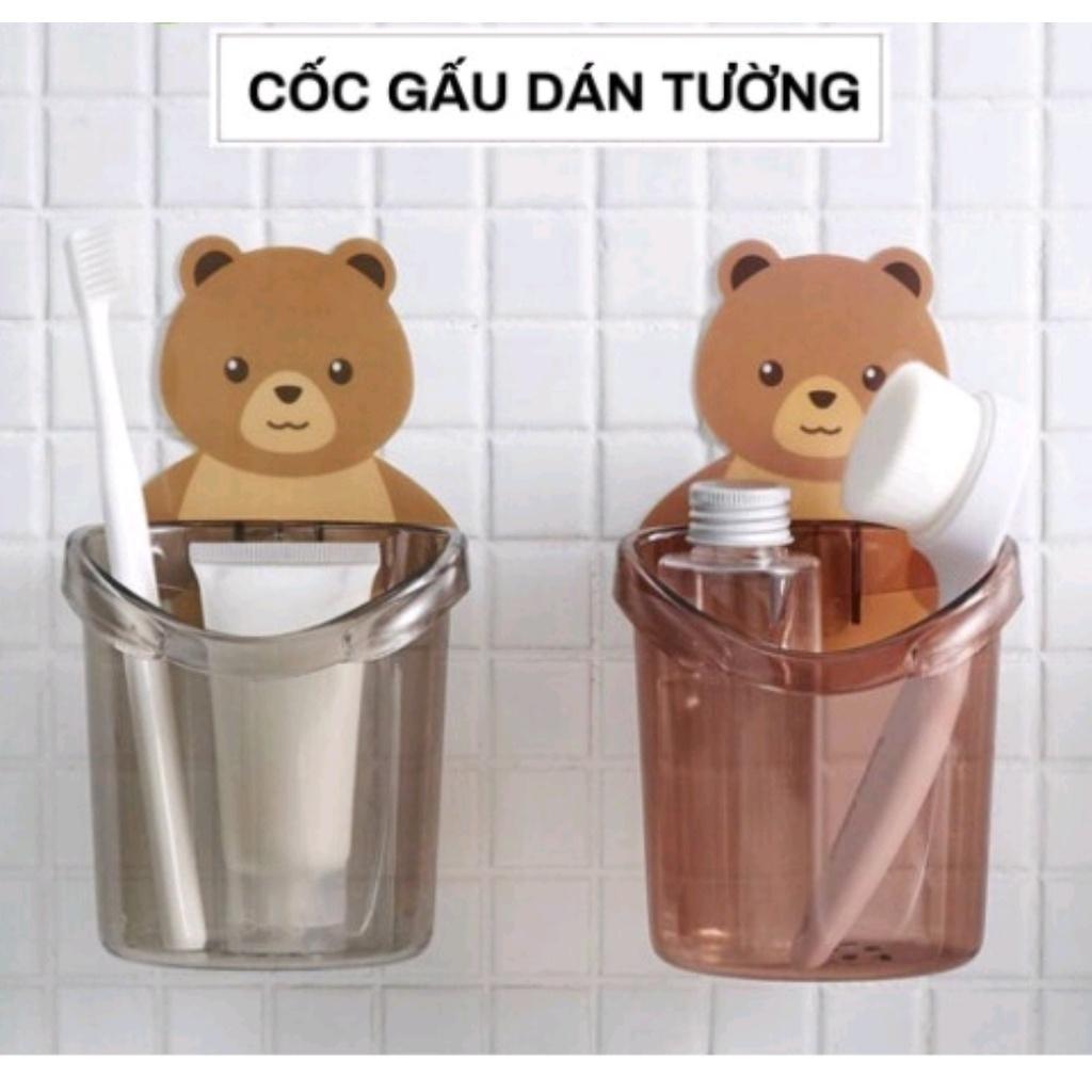 Cốc gấu dán tường đựng bàn chải đánh răng, cốc gấu nâu đựng kem đánh răng