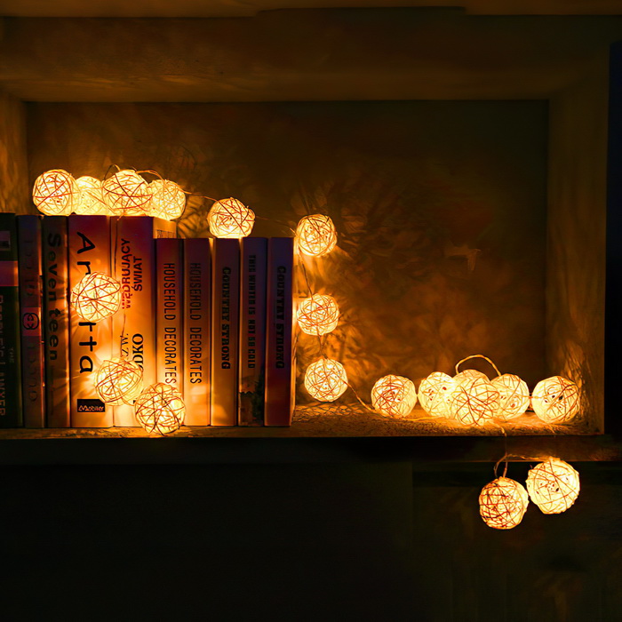 Dây đèn led quả cầu mây 10 bóng, Dây đèn led 10 bóng hình quả cầu mây trang trí sinh động đẹp mắt - Đèn màu vàng