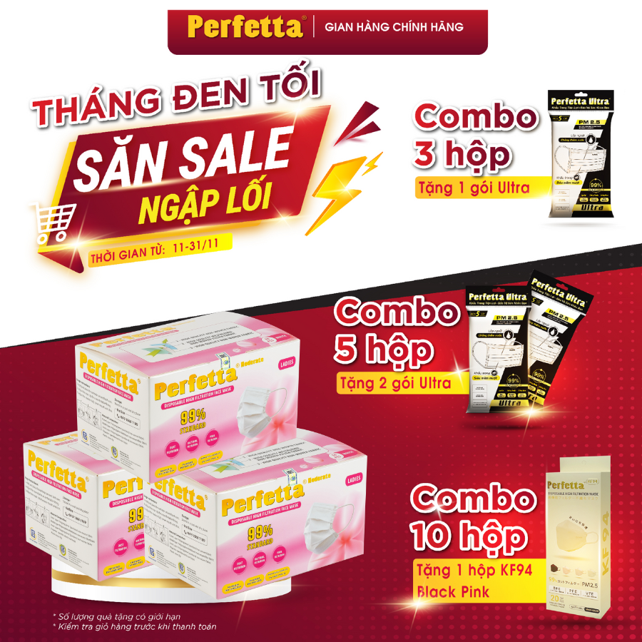 [Combo 3 - PERFETTA LADIES] - Khẩu Trang Dành Cho Phụ Nữ Chất Lượng Cao, Kháng Khuẩn, Chống Bụi Mịn, Màu Trắng, 3 Xanh, Bảo Vệ Tối Ưu - (50 cái/hộp)