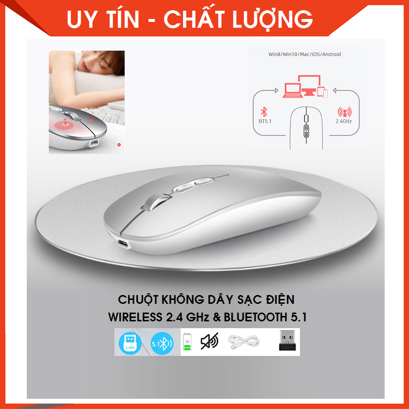 Chuột máy tính không dây sạc điện Wireless 2.4GHz và Bluetooth 5.1 không tiếng ồn, điều chỉnh độ nhạy_kết nối đa thiết bị - Chuột Bluetooth_Chuột không dây_Chuột sạc điện