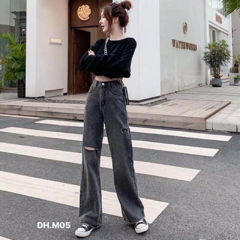 Quần bò nữ ống xuông cạp cao, quần jeans nữ Hàn Quốc