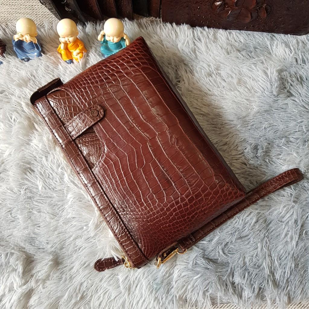 Ví Cầm Tay Cá Sấu | Ví Clutch Da Cá Sấu Da Bụng | Màu Nâu Cafe | Bảo Hành 24 Tháng.