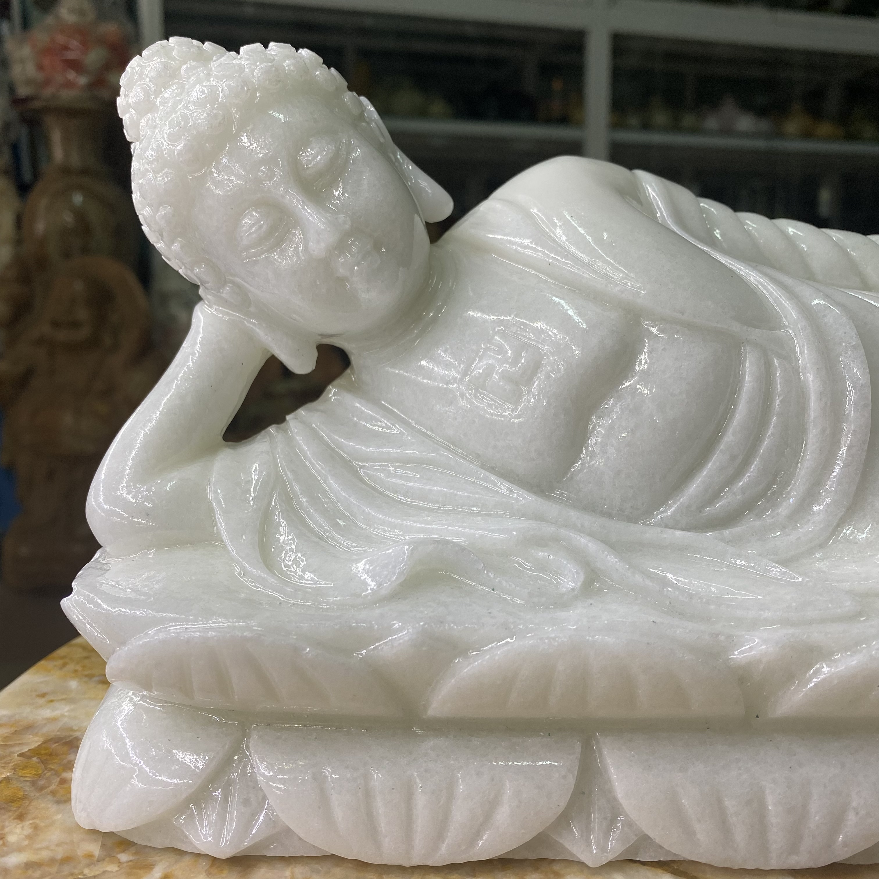 Tượng Phật Nhập Niết Bàn Đá Cẩm Thạch Trắng - ngang 30.5cm