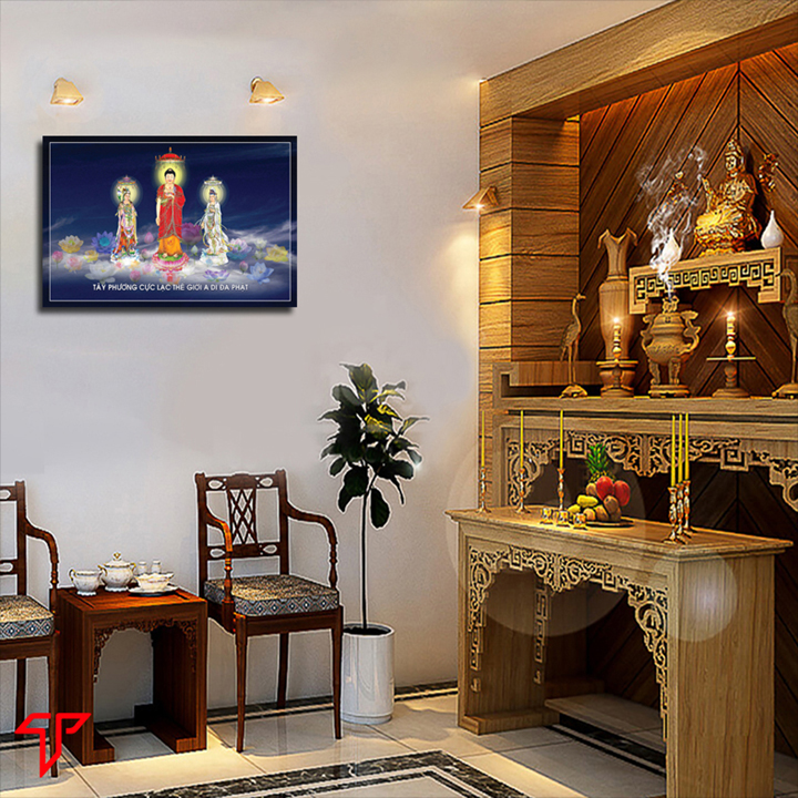 Tranh treo tường trang trí nơi thờ cúng mẫu Tam thánh, quan thế âm bồ tát, adida, thích ca mâu ni, Tranh Phật Giáo Tam Thánh 2456