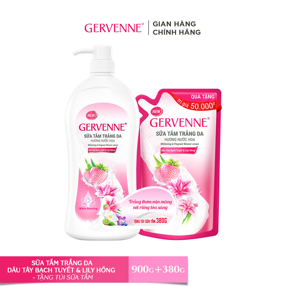 [ Mua 1 Tặng 1] Sữa tắm trắng da Gervenne hương Dâu Tây Bạch Tuyết và Lily Hồng 900g + Tặng Túi sữa tắm trắng da 380g