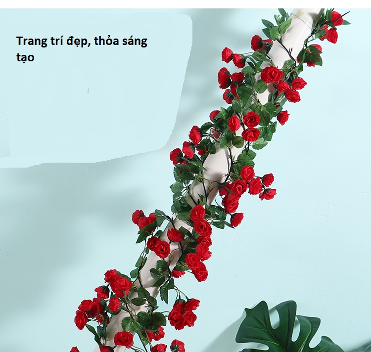 Dây leo hoa hồng 69 bông lụa nhựa dài 1.8 m  trang trí đẹp sang trọng