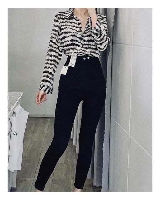 QUẦN JEANS ÔM CO GIÃN LƯNG CAO ĐEN TUYỀN- ảnh thật shop chụp