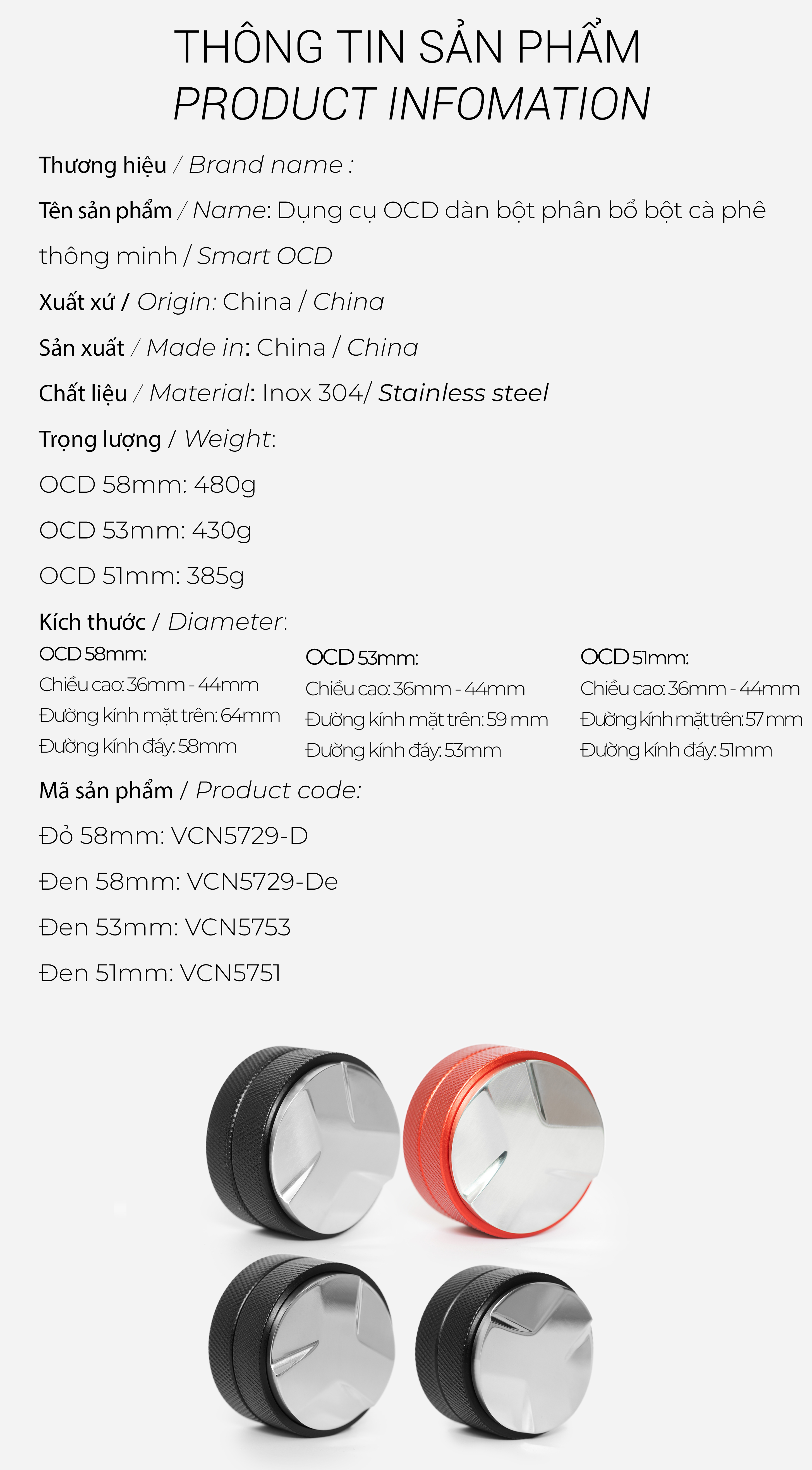 Dụng cụ OCD dàn bột phân bổ bột cà phê thông minh
