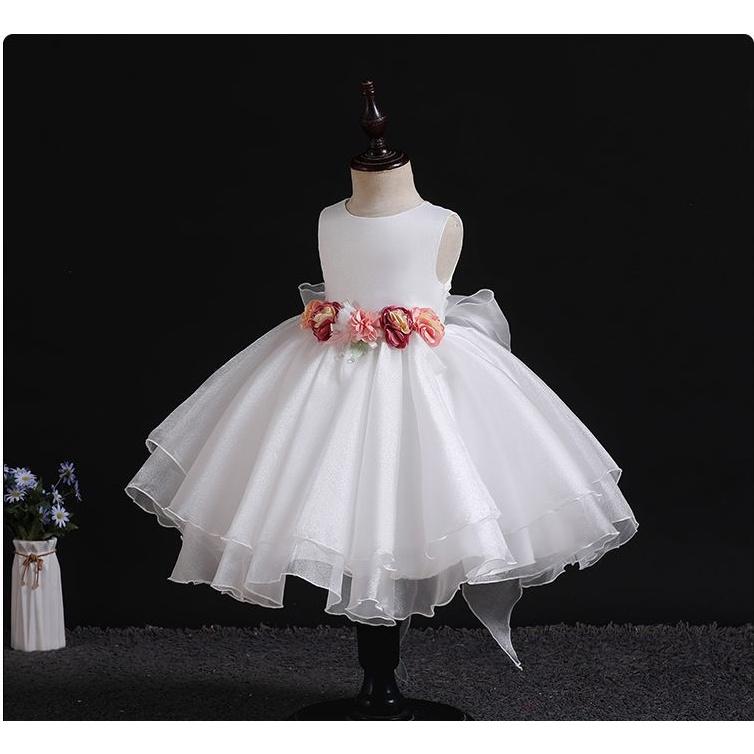 Đầm voan công chúa cho bé gái màu trắng hồng đính hoa mặc tết sinh nhật noel dự tiệc cưới hàng Quảng Châu cao cấp