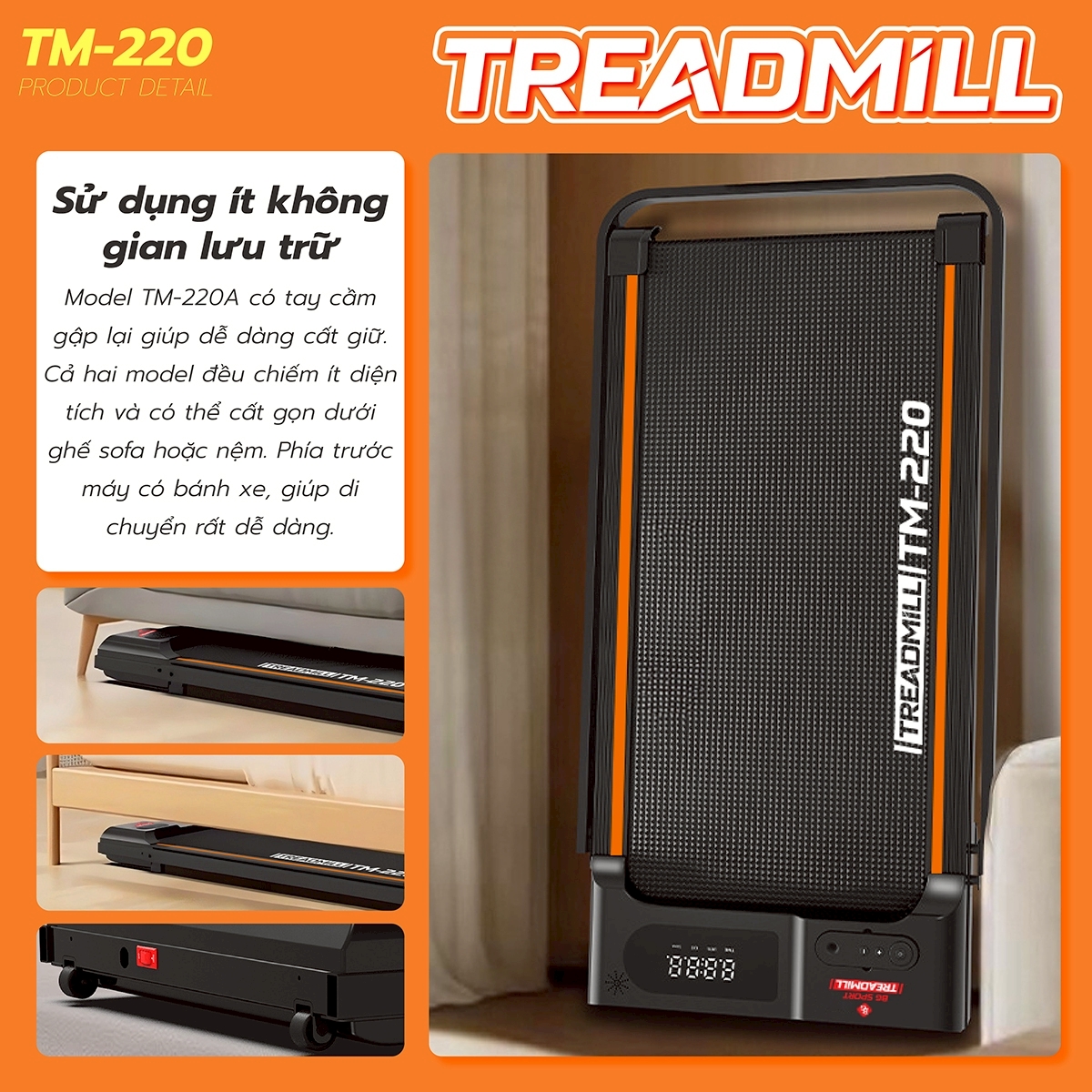Máy Chạy Bộ Điện Gia Đình Nhỏ Gọn TM-220B Có Màn Hình Điện Tử (Có Điều Khiển Remote Từ Xa)