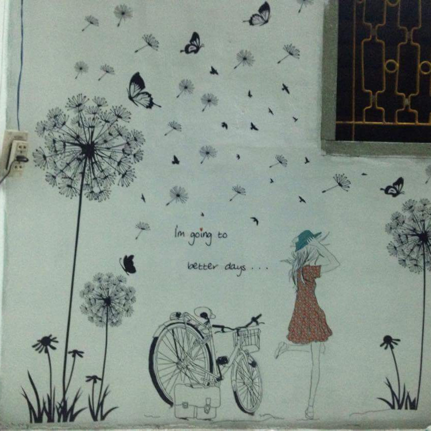 Decal dán tường Combo Cô gái và hoa bồ công anh đen