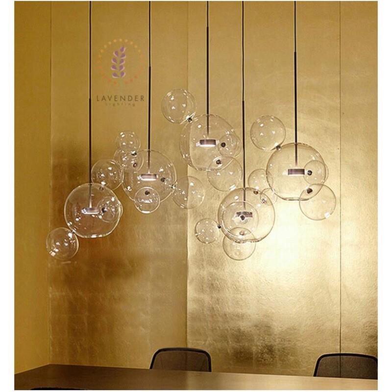 Đèn thả chao cầu thủy tinh trắng bong bóng nước đui đồng