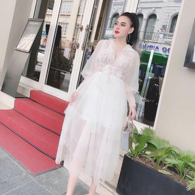Đầm xoè lưới tầng xếp kết hoa nổi -MS27V-Size S/M/L/XL đến 64kgMM MM