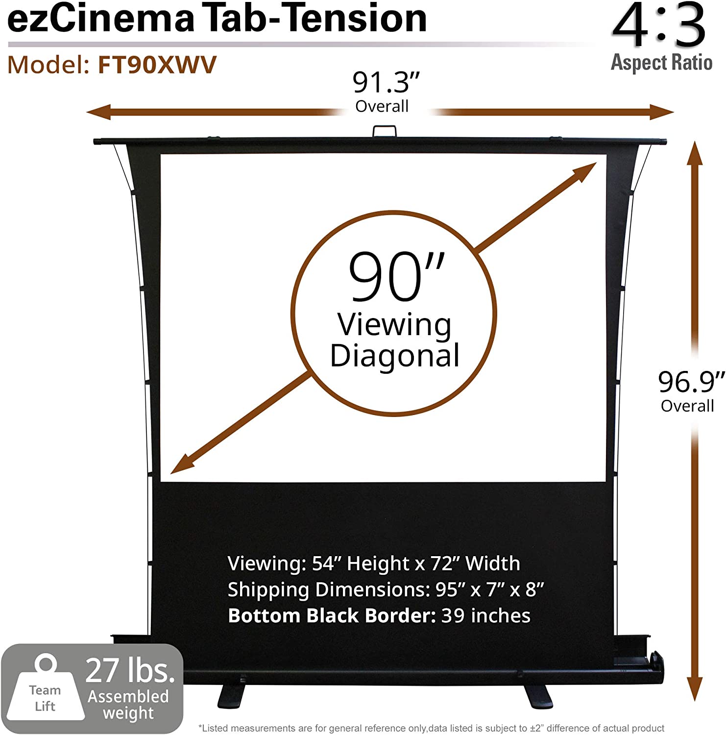 Màn Chiếu Elite Screens Dòng ezCinema Tab-Tension (Kéo Căng ), 90 inch Tỷ lệ Khung Hình 4:3 (Vùng hiển thị 136.9 x 182.9 cm) 1.1 Gain (FT90XWV) – Hàng Chính Hãng