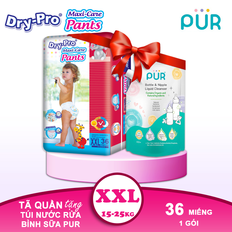 Combo tã/bỉm quần Dry-Pro XXL36 + tặng Túi nước rửa bình sữa Pur 450ml