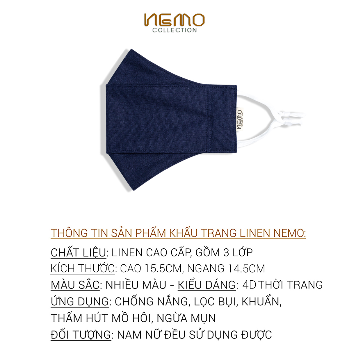 KHẨU TRANG NEMO 4D CÁ, FULL LINEN, CHE NẮNG VÙNG MÁ, LỌC KHUẨN, LỌC BỤI, ĐỦ MÀU THỜI TRANG - KTMDK