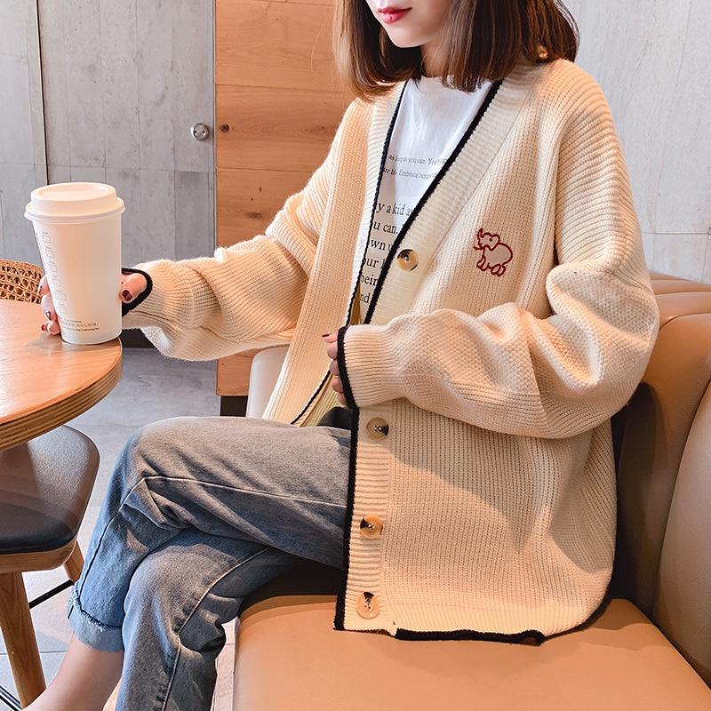 MS334 Áo khoác cardigan len nữ viền màu cổ tim thêu voi