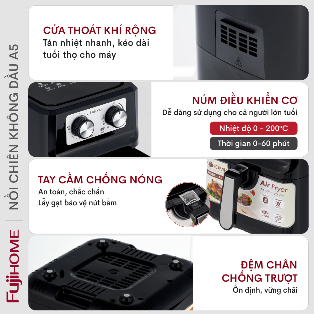 Nồi chiên không dầu 5 Lít nhập khẩu CN Nhật Bản Fujihome A5 tự ngắt, nồi chiên ko dầu cơ 5L, lòng nồi chống dính cao cấp tháo rời - Hàng Chính Hãng