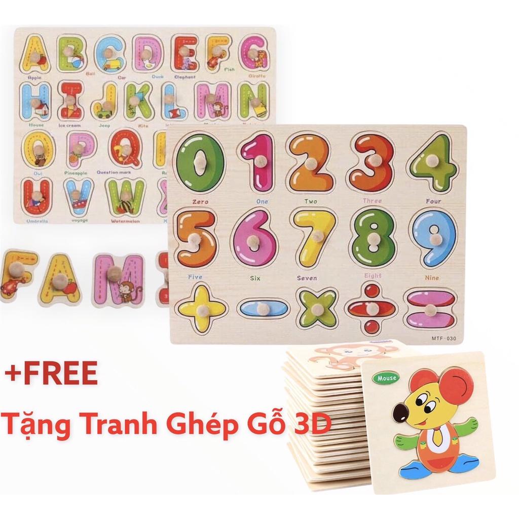 (Tặng Kèm Tranh 3D) Combo 2 Bảng Ghép Chữ Cái và Số Đếm Bằng Gỗ Cho Bé