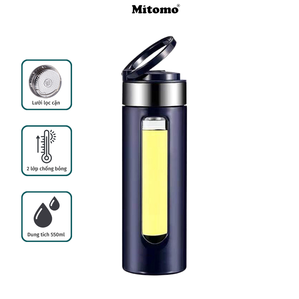 Bình Pha Trà, Bình Pha Cà Phê Thủy Tinh 2 Lóp Cao Cấp Mitomo Bgh - 0509, 550Ml Có Lõi Lọc Trà Inox 304 - Hàng Chính Hãng - Màu Xanh Đen