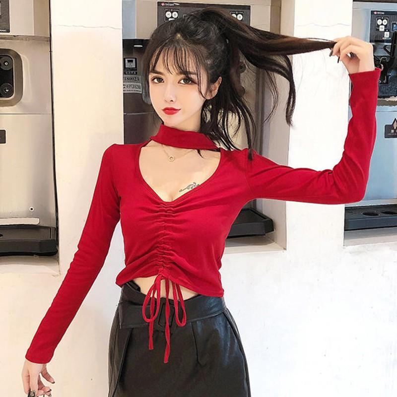 Áo thun nữ tay dài cổ chữ V phong cách Hàn Quốc