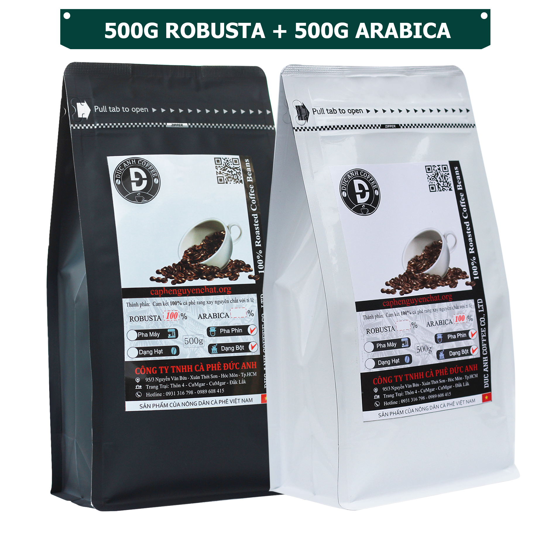 Combo gói Cà phê Arabica Và Gói Robusta Xay Sẵn Pha Phin - Mỗi Gói 500g -DUC ANH COFFEE