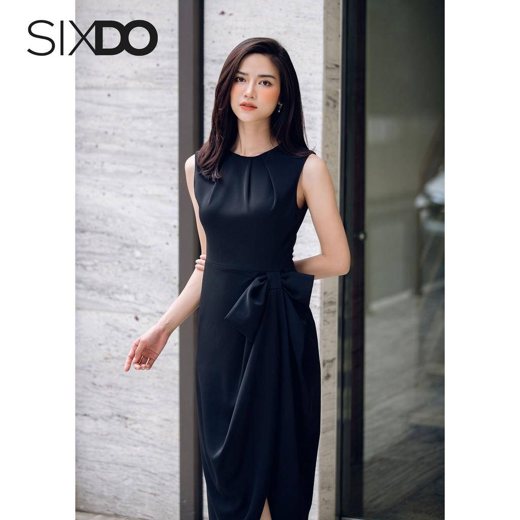 Đầm lụa đen sát nách xẻ tà phối nơ eo SIXDO