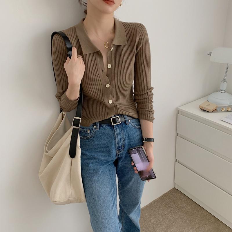 Xiaozhainv Áo Cardigan Dệt Kim Tay Dài Cổ Bẻ Phong Cách Hàn Quốc