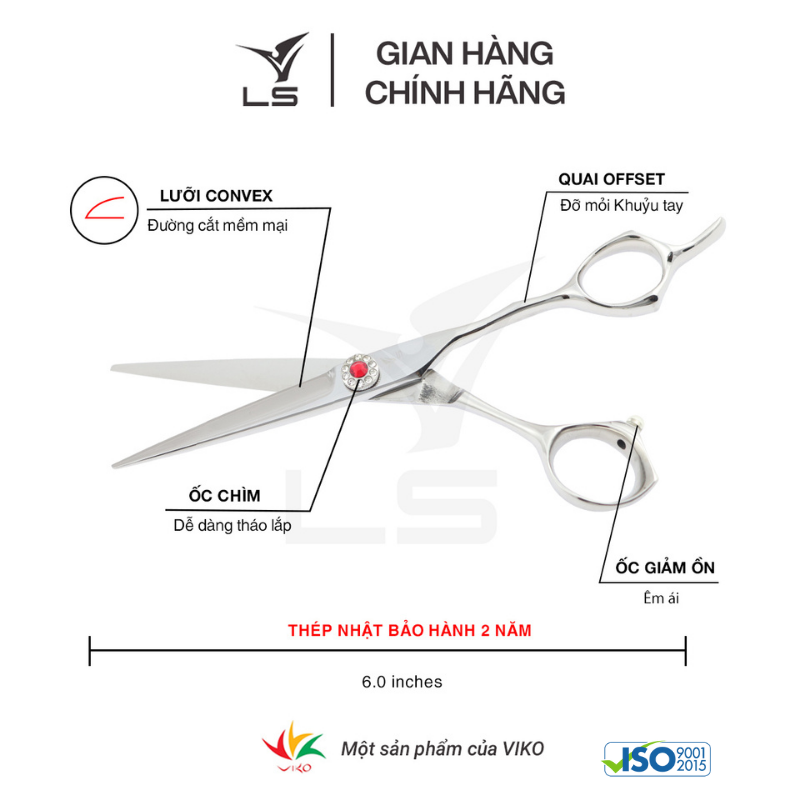 Kéo cắt tóc LS lưỡi thẳng quai offset vênh đỡ ngón cố định PSO/6.0